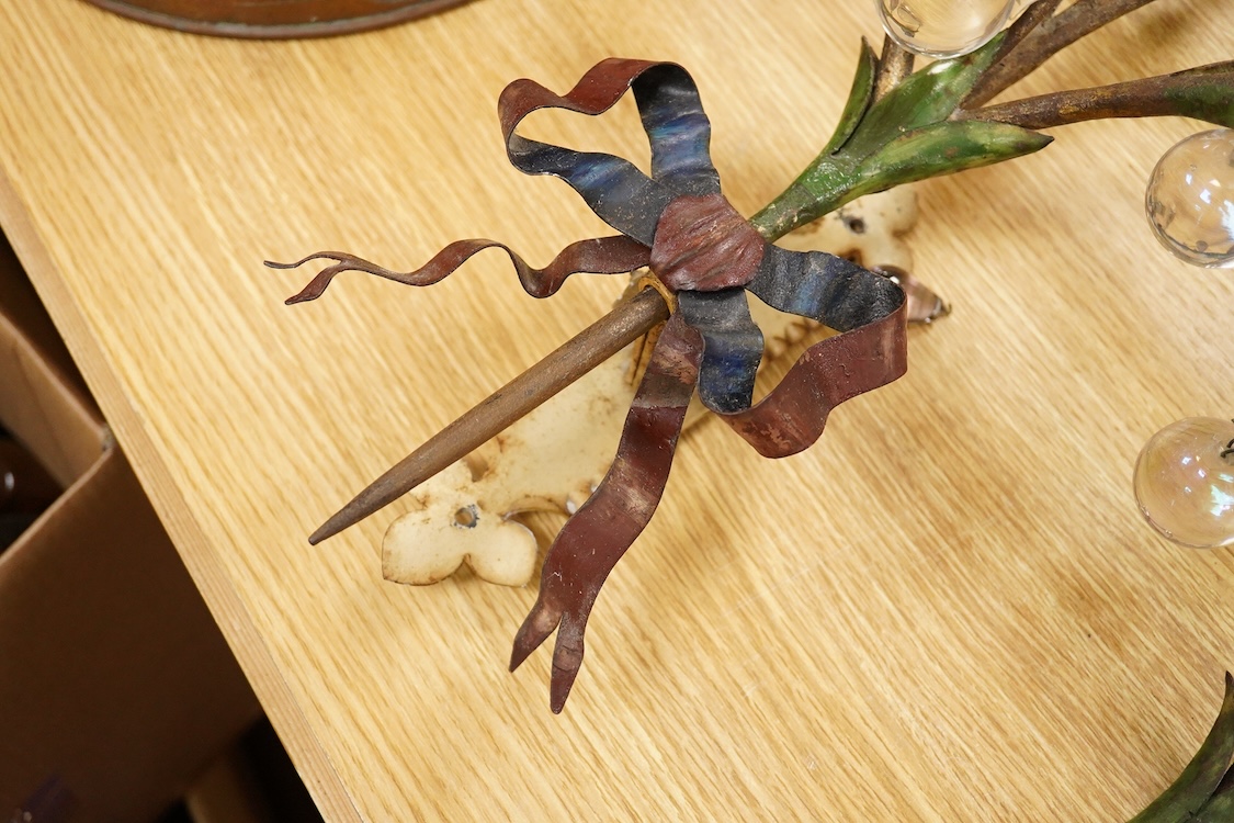 A pair of Continental toleware wall sconces with glass drops in the form of apples and buds, 60cm high